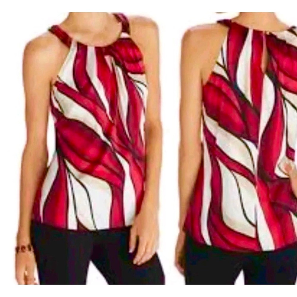 WHBM White House Black Market Y2K Silk‎ Stretch Halter Top Red Blk Abstract Sz 6